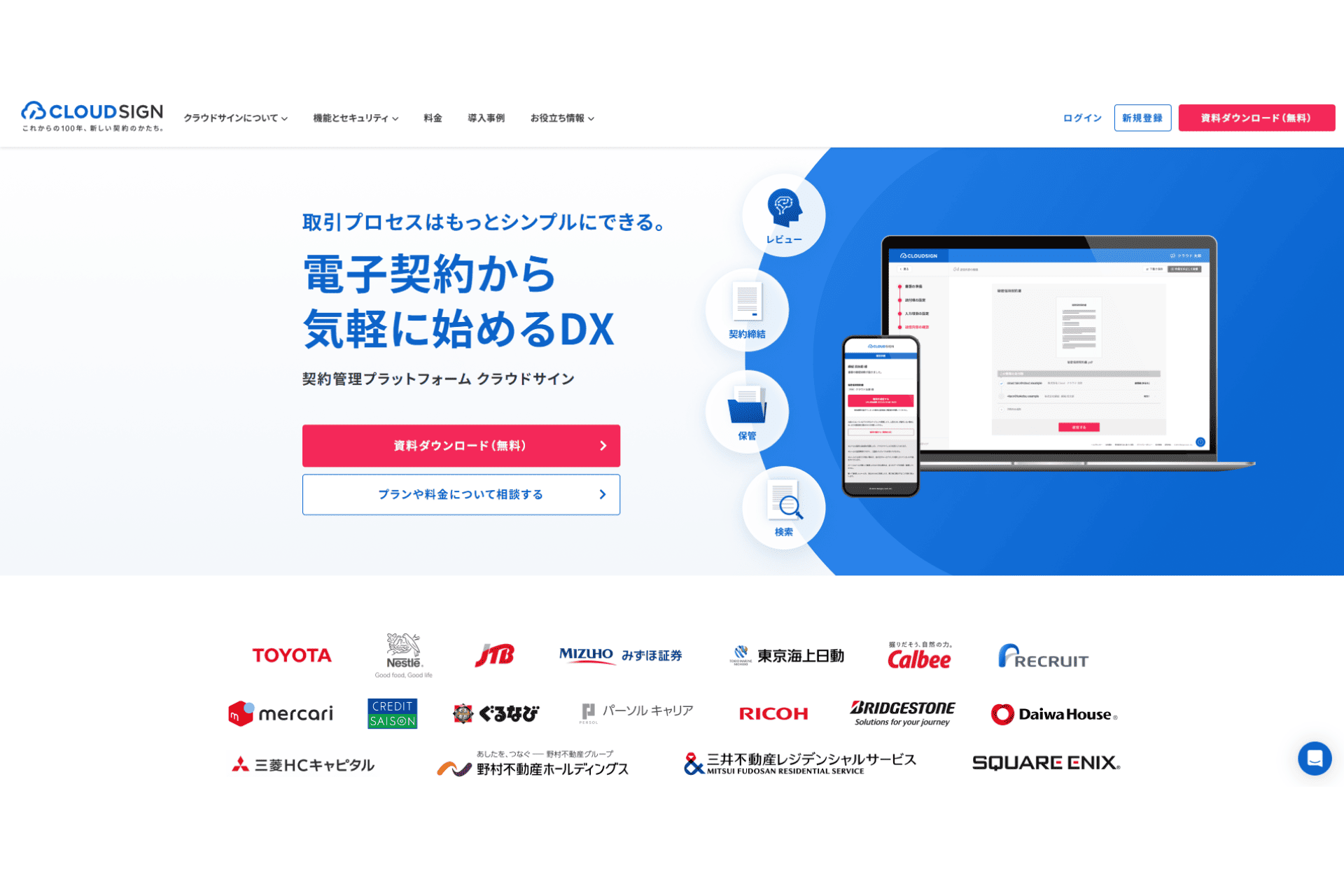 クラウドサインの公式サイトのスクリーンショット